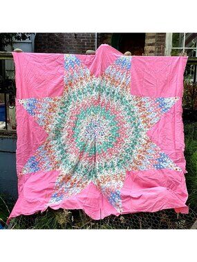 Vintage Lone Star Quilt Top Only Unfinished  Large 80” x 80" Handmade Feed Sack